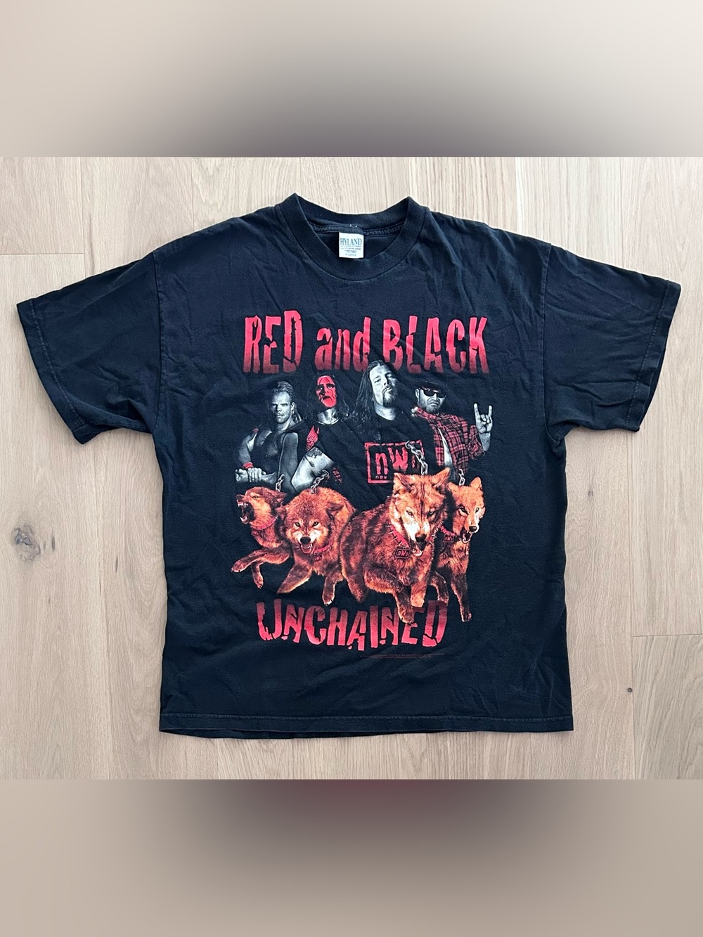 Vintage 1998 WCW NWO Wolfpack Red and Black Unchained Wrestling T-Shirt